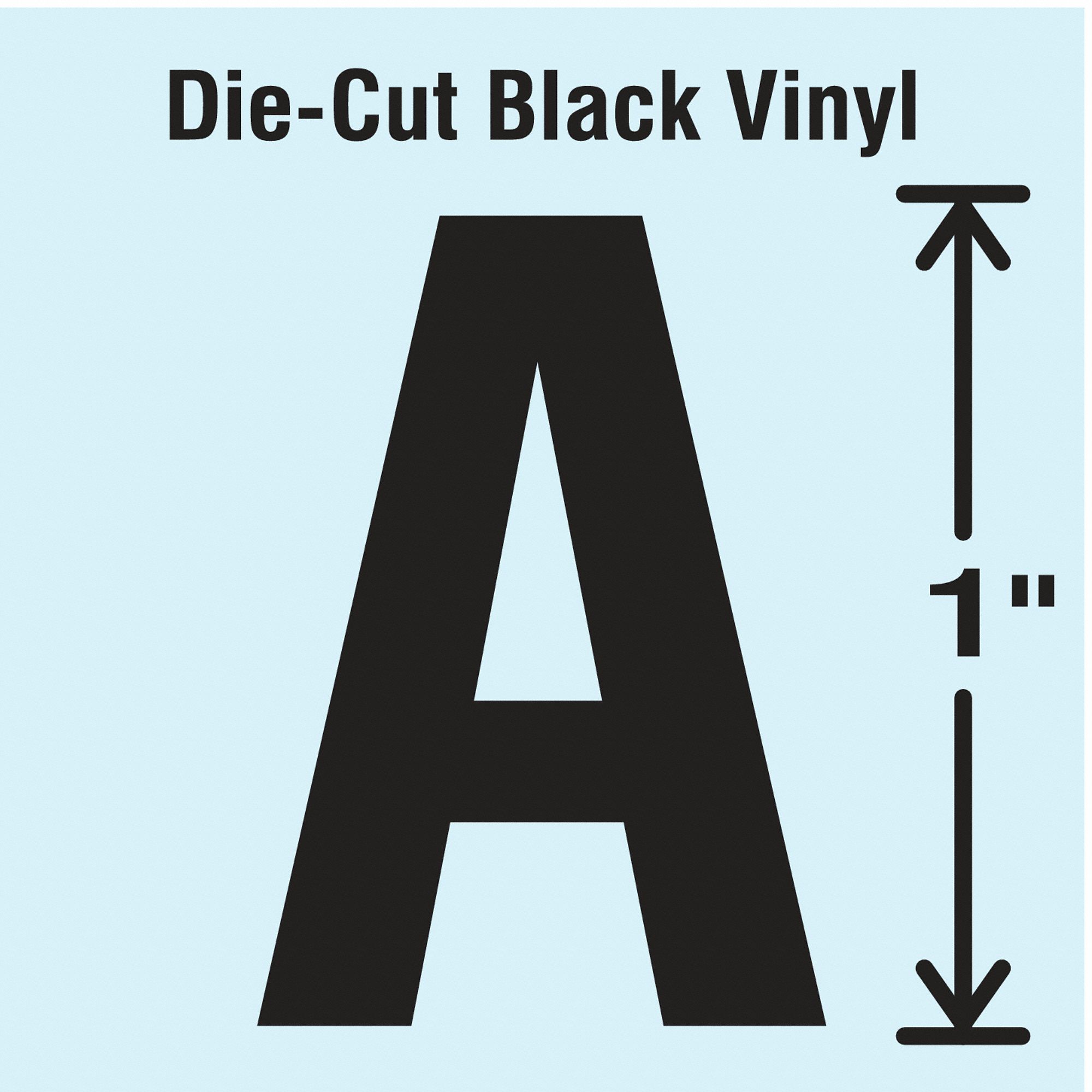 Letter Label: 1 in Character Ht, Indoor/Outdoor, Non-Reflective, Gothic, Black, A, Die Cut, 10 PK