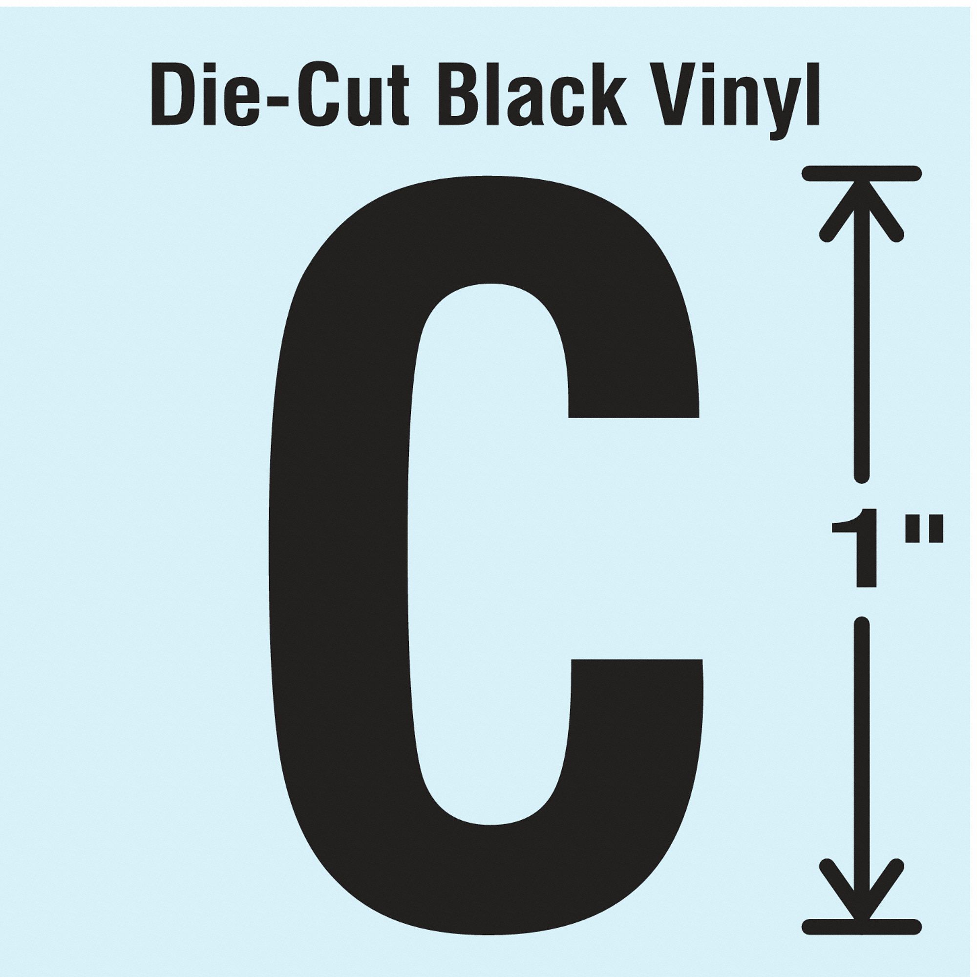 Letter Label: 1 in Character Ht, Indoor/Outdoor, Non-Reflective, Gothic, Black, C, Die Cut, 10 PK