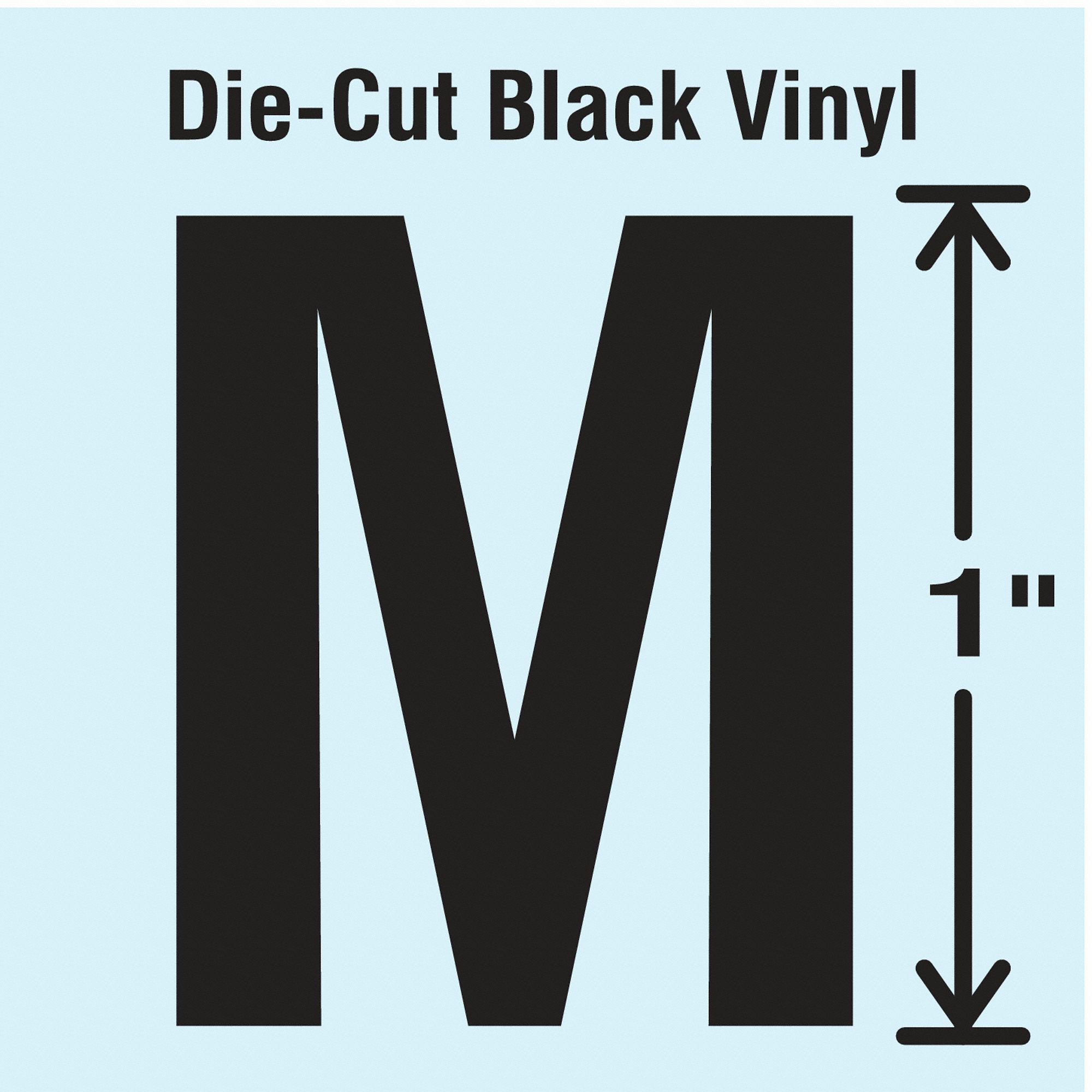Letter Label: 1 in Character Ht, Indoor/Outdoor, Non-Reflective, Gothic, Black, M, Die Cut, 10 PK