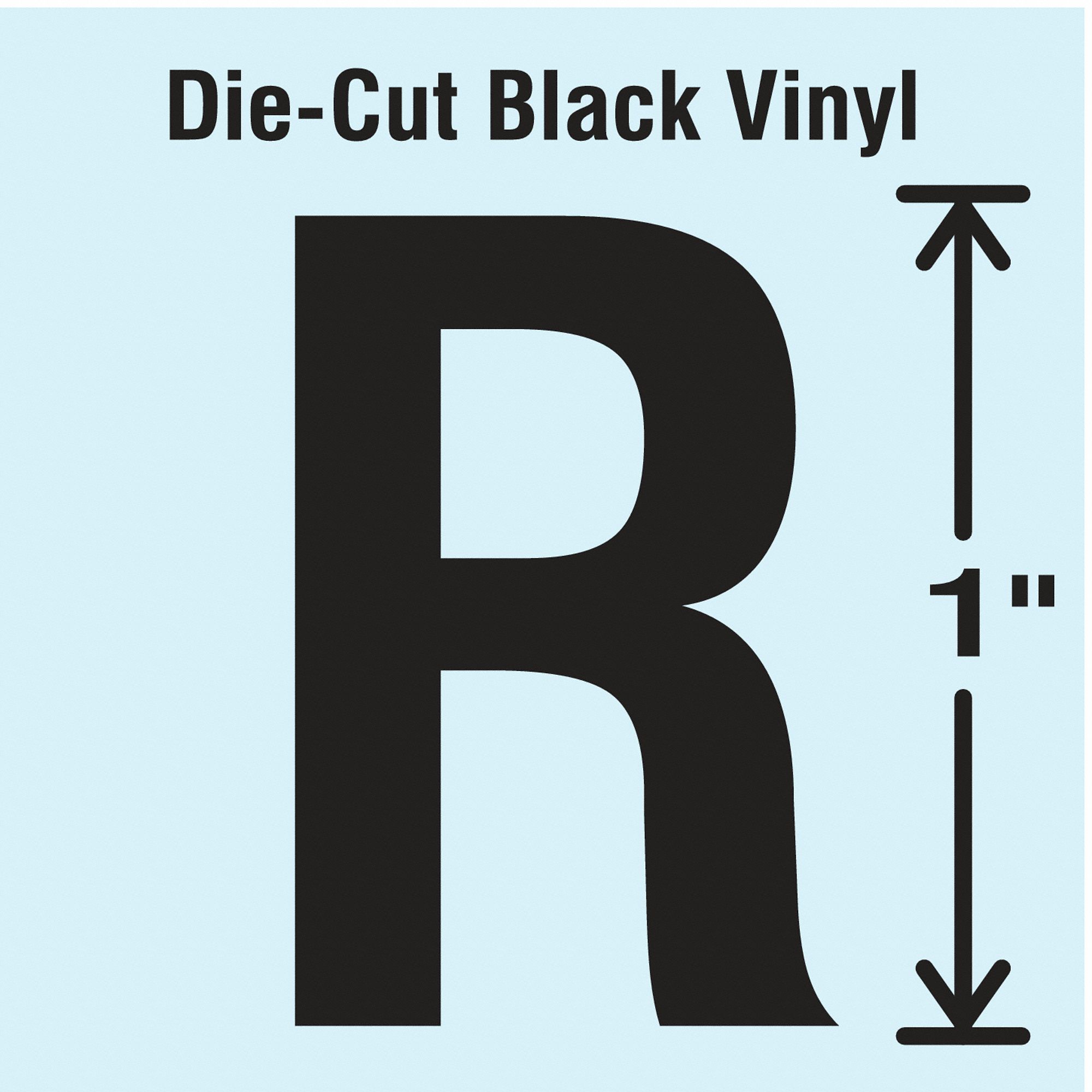 Letter Label: 1 in Character Ht, Indoor/Outdoor, Non-Reflective, Gothic, Black, R, Die Cut, 10 PK
