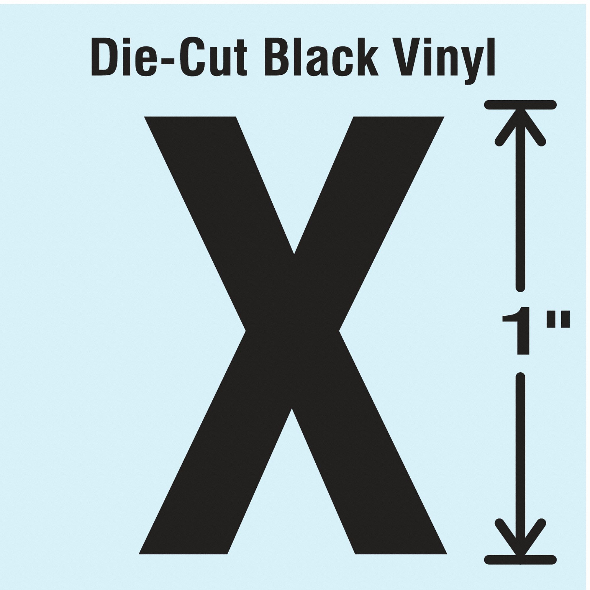 Letter Label: 1 in Character Ht, Indoor/Outdoor, Non-Reflective, Gothic, Black, X, Die Cut, 10 PK