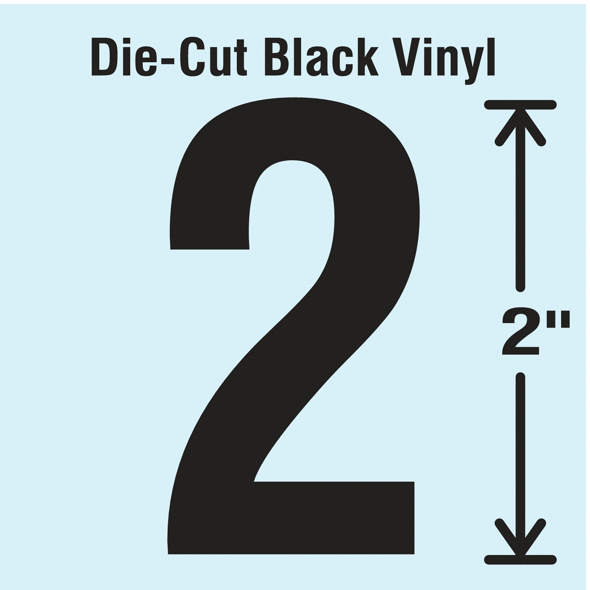Number Label: 2 in Character Ht, Indoor/Outdoor, Non-Reflective, Gothic, Black, 2, Die Cut, 10 PK