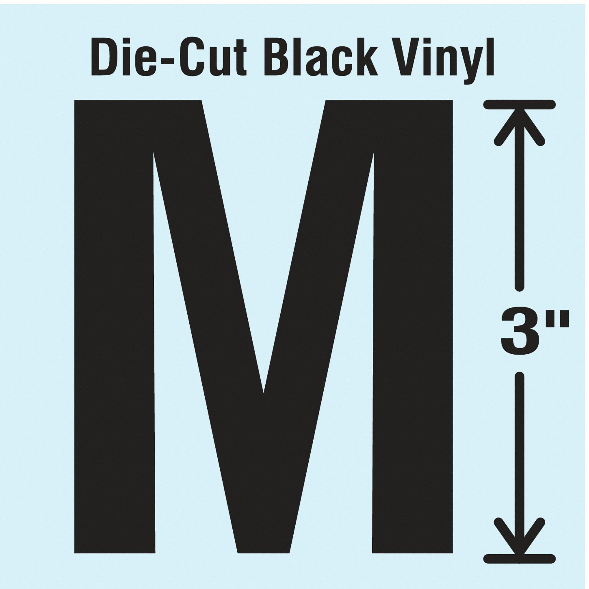 Letter Label: 3 in Character Ht, Indoor/Outdoor, Non-Reflective, Gothic, Black, M, Die Cut, 10 PK