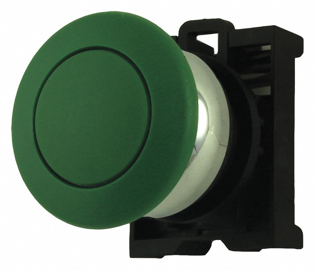 Mushroom Head Push Button: Green, 22 mm Mounting Size, Metallic, Momentary