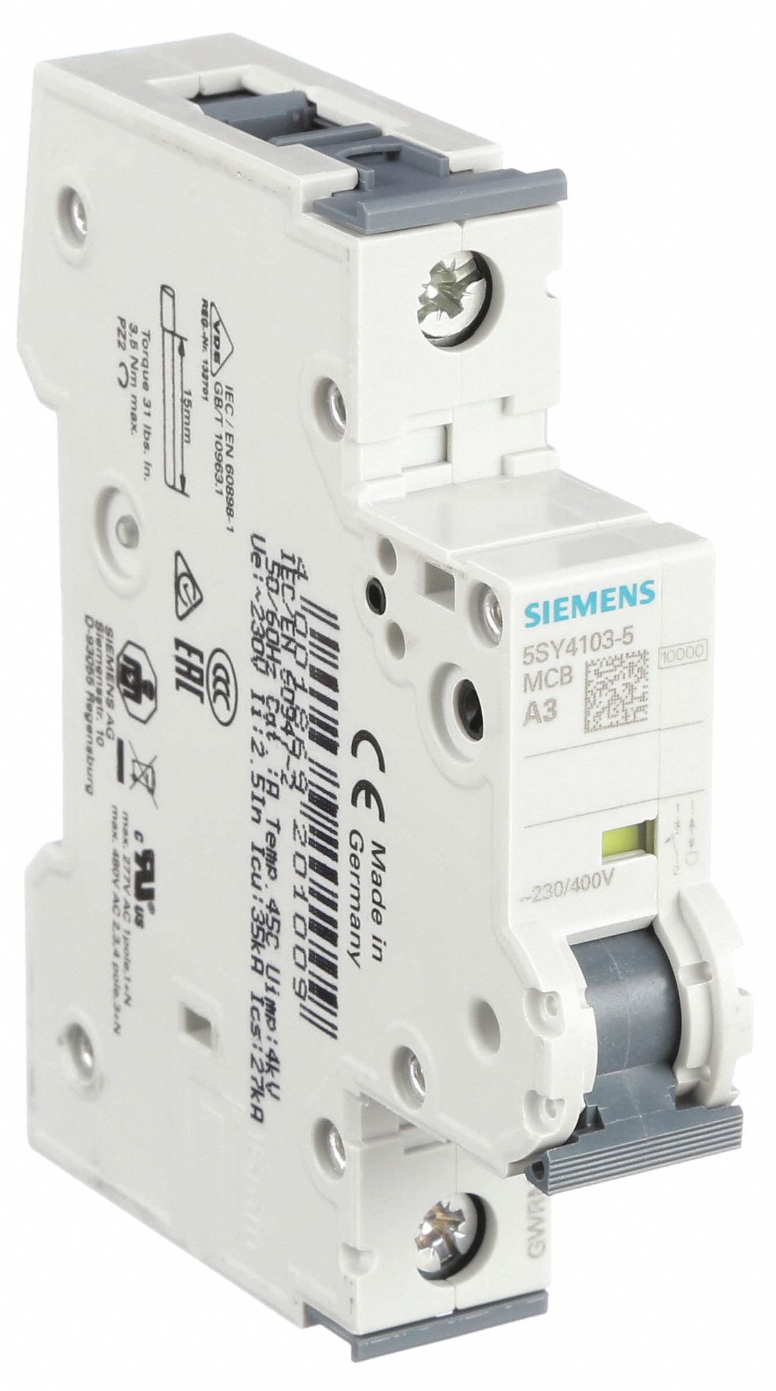 IEC Supplementary Protector: 3 A Amps, 72V DC, 10kA at 230/400V AC, Screw Clamp