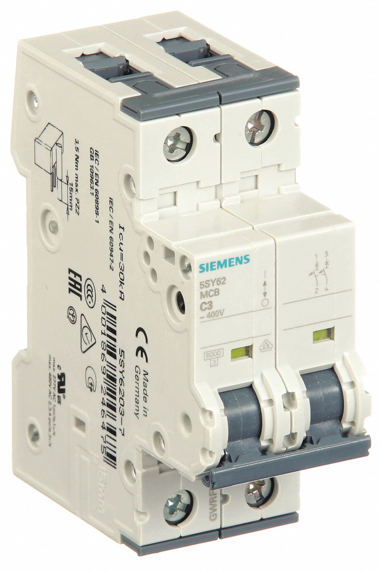 IEC Supplementary Protector: 3 A Amps, 5kA at 400V AC, Screw Clamp, 5SY6, 400V AC, C