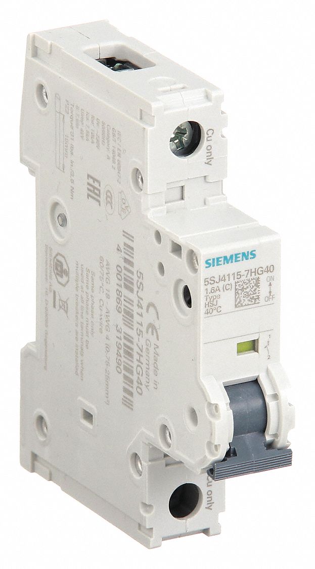 IEC Miniature Circuit Breaker: 1.6 A Amps, 60V DC, 14kA at 240V AC, Screw Clamp, 5SJ4, AC/DC
