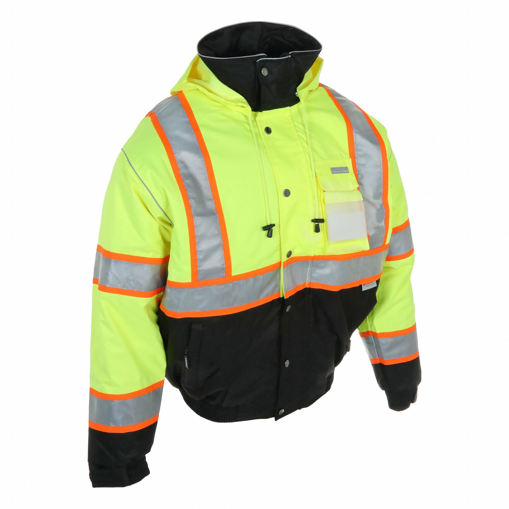 Jacket: U, ANSI Class 3, 2XL, Black/Green, Zipper with Storm Flap, 2 Pockets, Jacket, Hip Lg