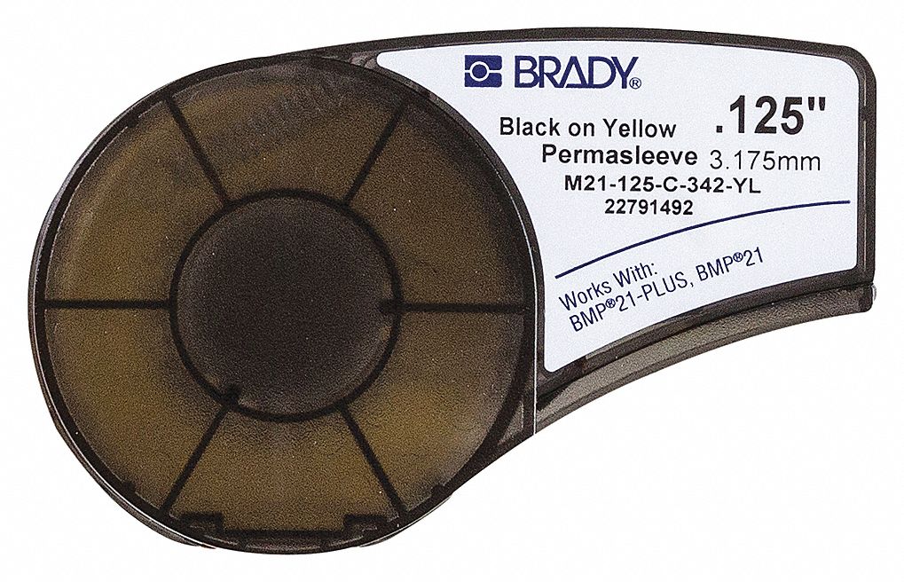 HEAT-SHRINK TUBING, BRADY, FOR 22 TO 16 GAUGE WIRE, BLACK/YELLOW, 7 FT X 1/8 IN