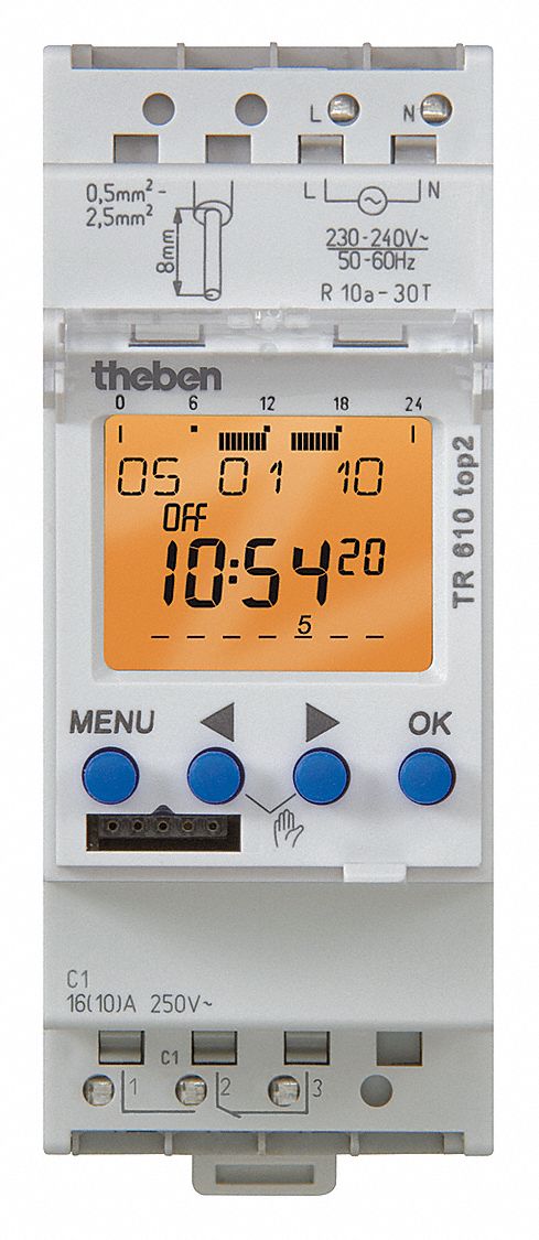 Electronic Timer: 1 Channels, 12/24V AC, SPDT, 10 A Amps, 7 day Max. Time Setting, 1