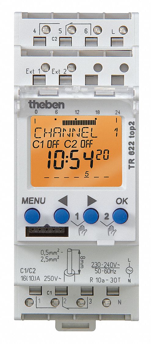 Electronic Timer: 2 Channels, 12/24V AC, (2) SPDT, 10 A Amps, 7 day Max. Time Setting, 1, 84