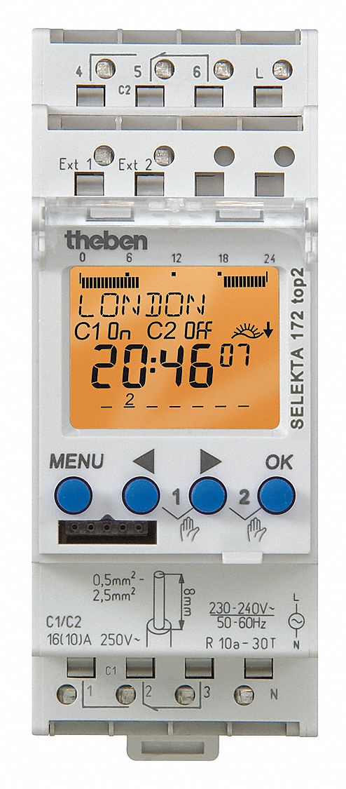 Electronic Timer: 2 Channels, 12/24V AC, (2) SPDT, 10 A Amps, 7 day Max. Time Setting, 1