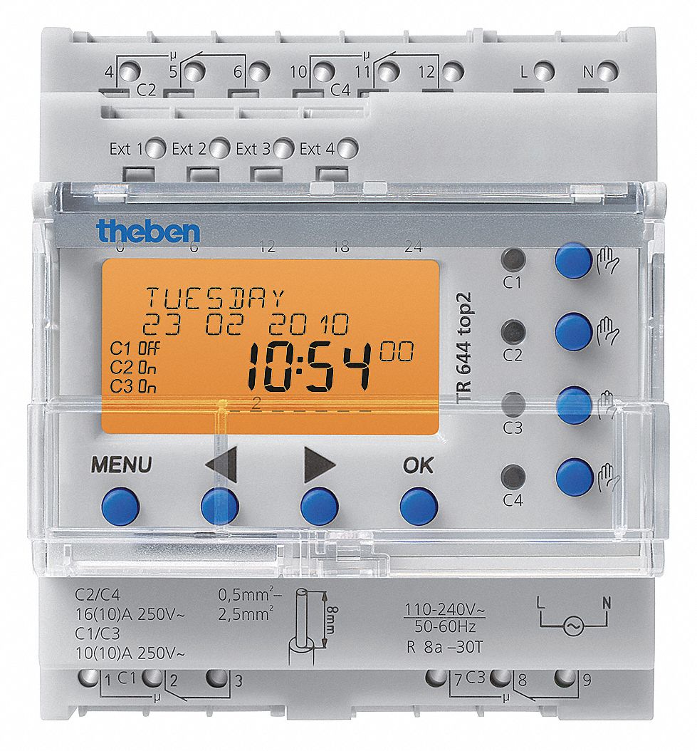 Electronic Timer: 4 Channels, 120/240V AC, (4) SPDT, 10 A Amps, 365 day Max. Time Setting, 1