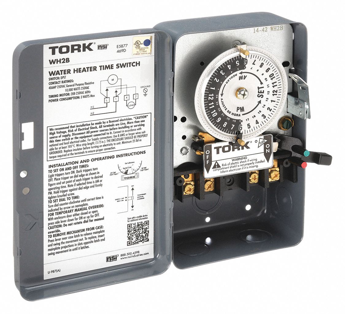 TORK, 24 hr Nominal Max. Time Setting, Steel, Electromechanical Water Heater Timer 30YJ44WH2B