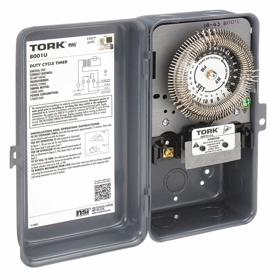 TORK Electromechanical Timer, 480V AC Voltage, 20 A Amps, Steel, 23 hr