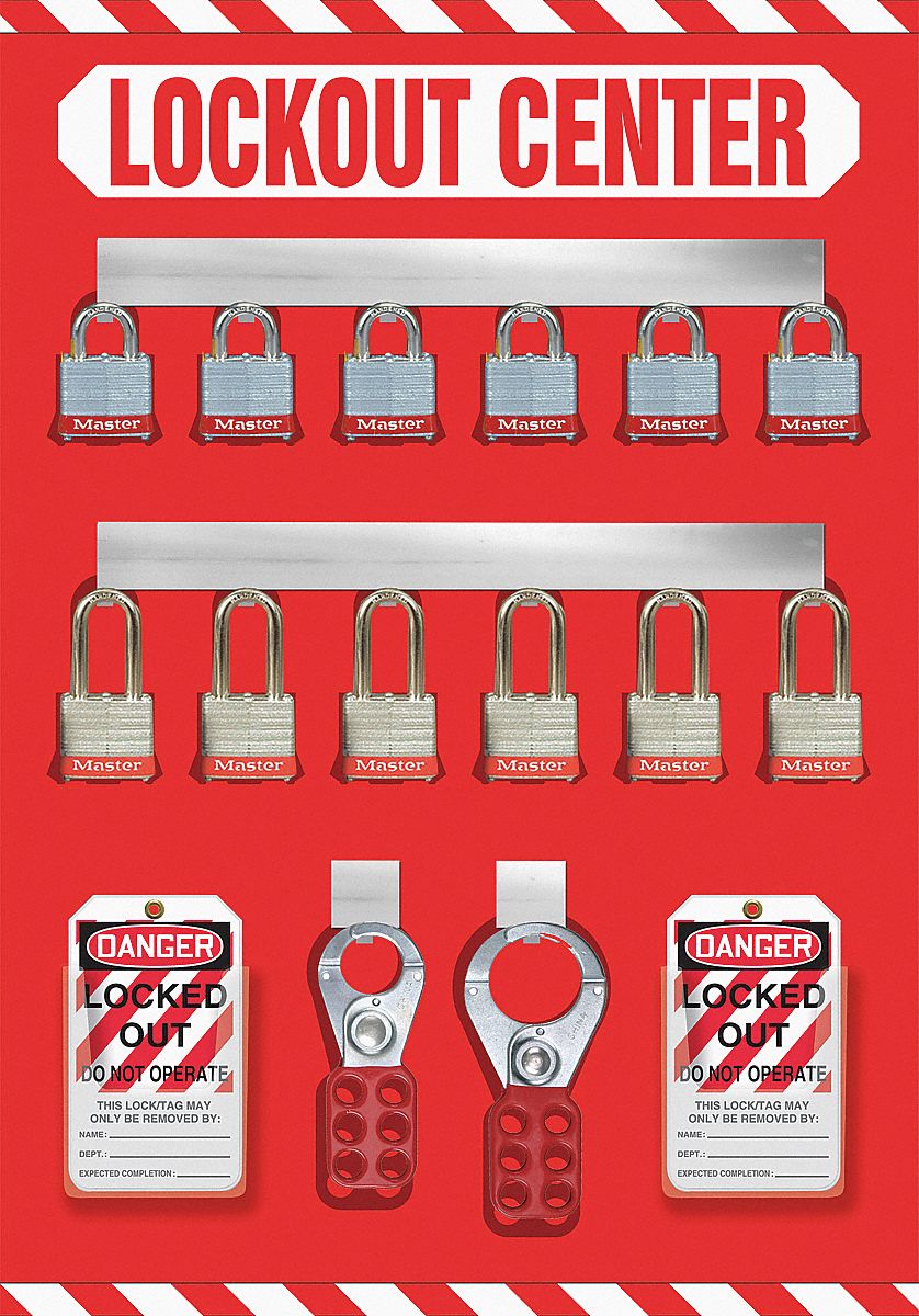 LOCKOUT STORE-BOARD, ALUMINUM, PLASTIC, 12 PADLOCKS INCLUDED, ENGLISH