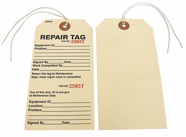 Tag: Repair, 2 7/8 in Wd, 5 3/4 in Ht, Brown, Rectangle, Indoor Only, 0.013 in Label Thick, 100 PK