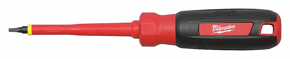 INSULATED SCREWDRIVER, NO 2 SQUARE TIP, ASTM/IEC/NFPA, 4 IN SLIM DRIVE SHANK, 8 IN L, RUBBER