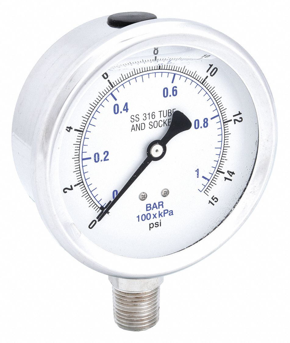 Industrial Pressure Gauge: 0 psi / Hg to 15 psi, 4 in Dial, 1/2 in NPT Male, Bottom, 300