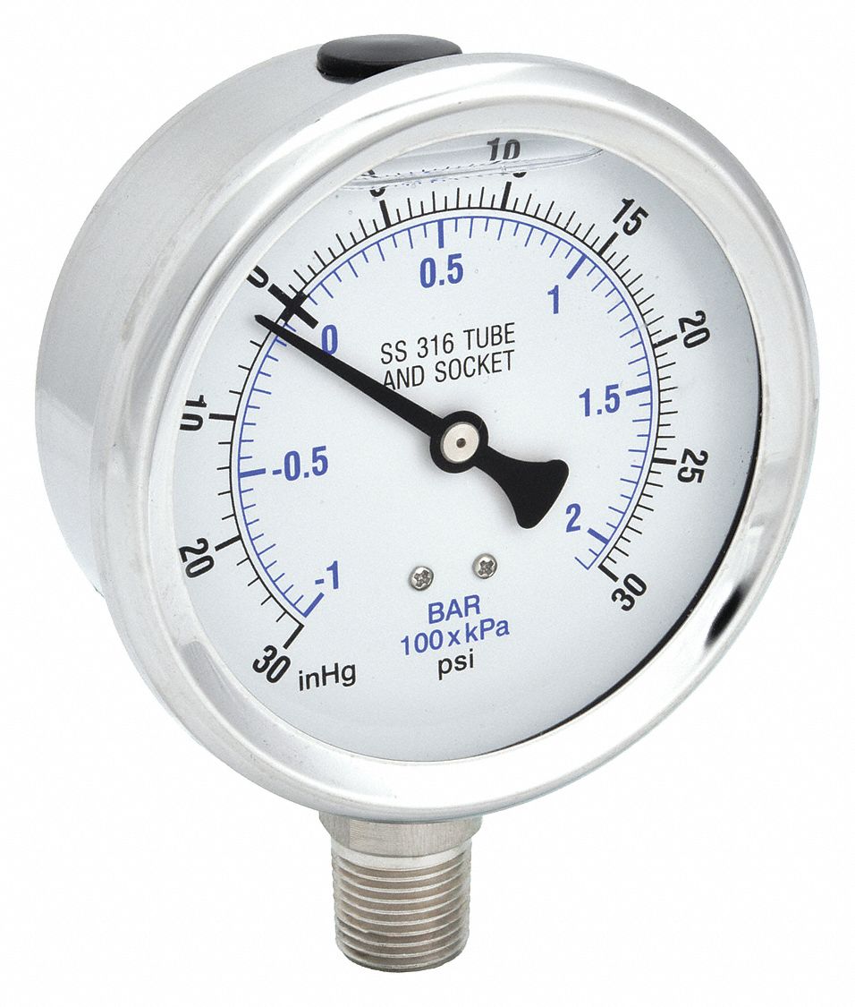 PIC GAUGES, 30 to 0 to 30 in Hg/psi, 4 in Dial, Industrial Compound