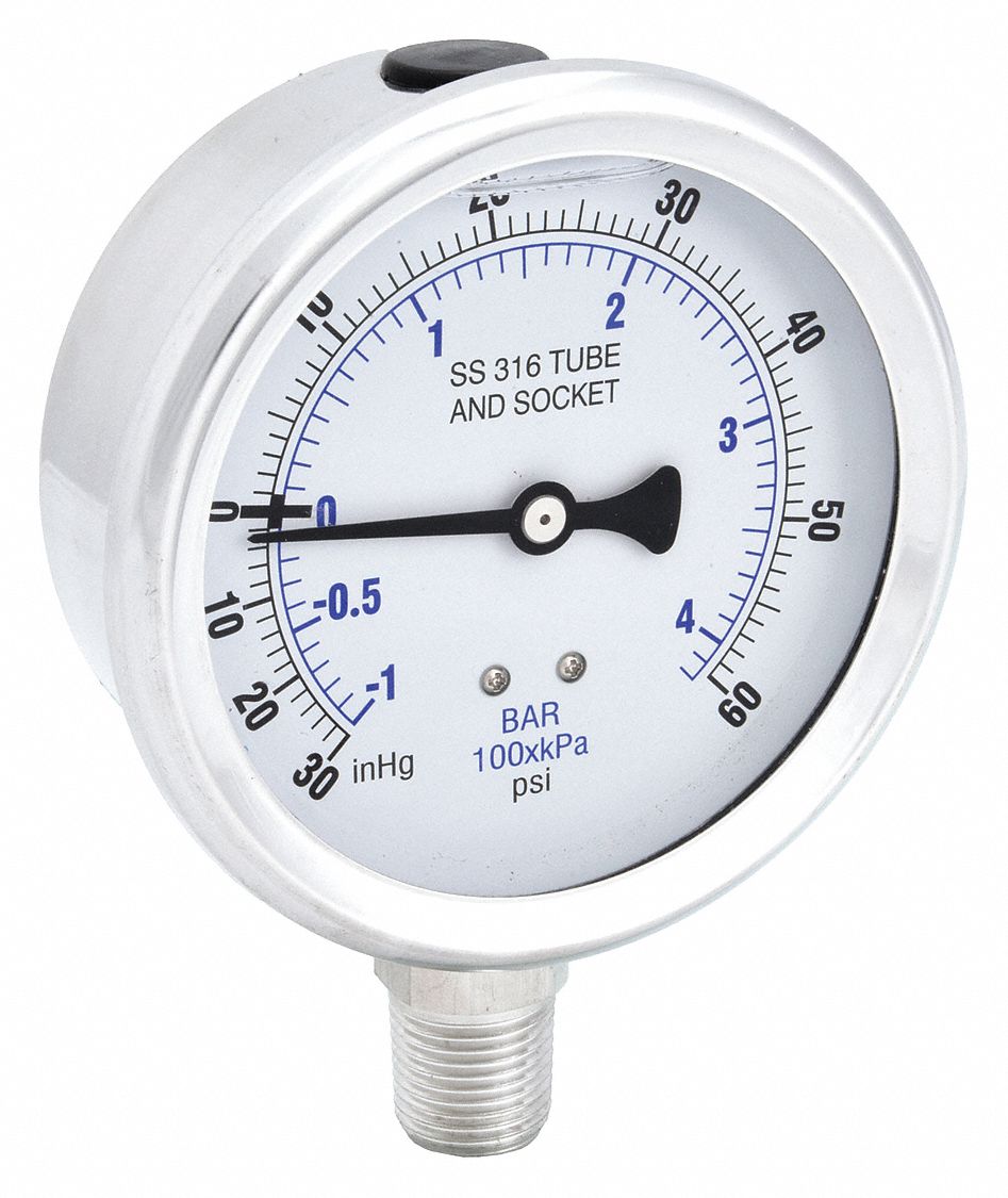 Industrial Compound Gauge: 60 psi to 0 psi / Hg to 60 psi, 4 in Dial, 1/2 in NPT Male