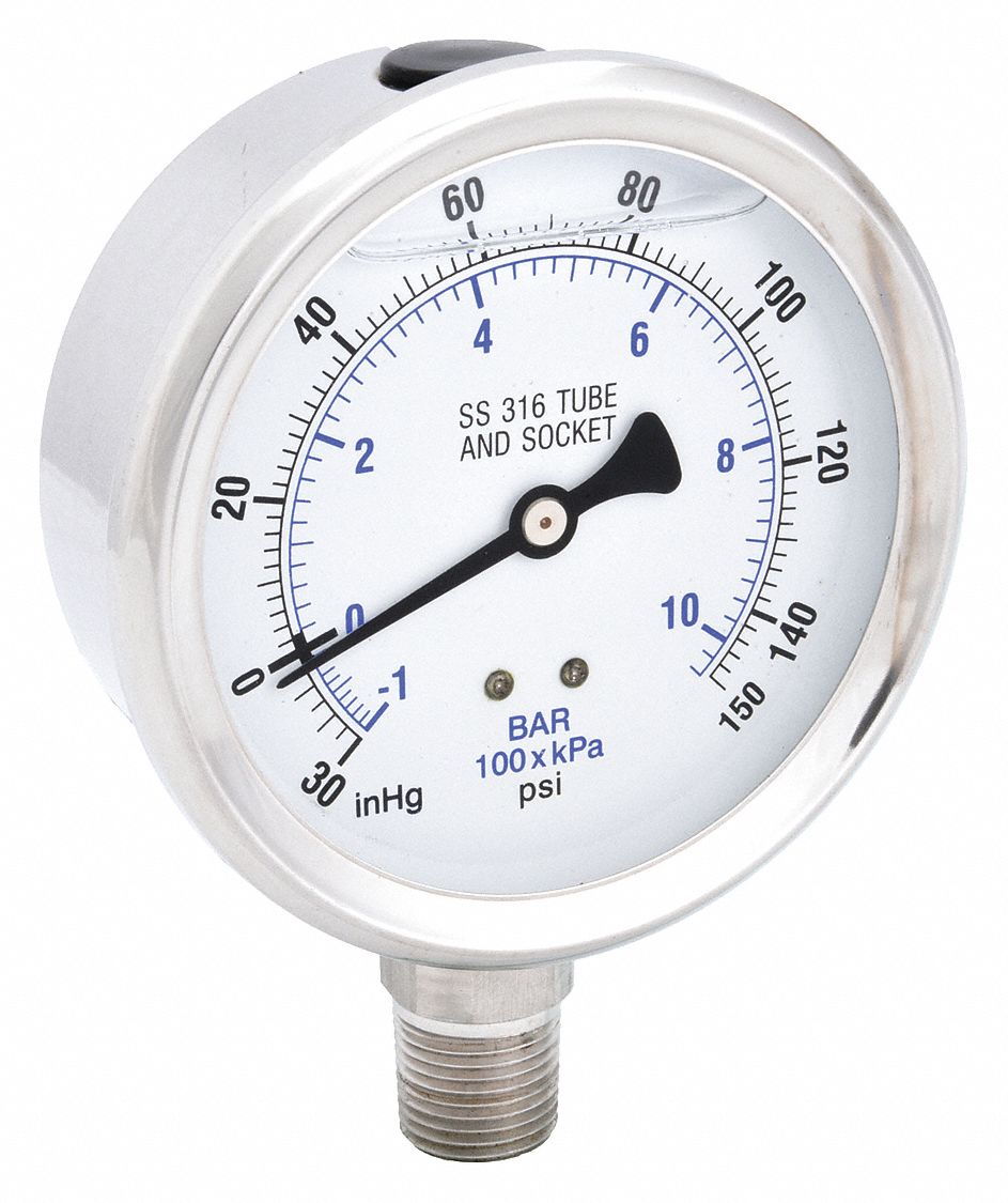 PIC GAUGES, 30 to 0 to 150 in Hg/psi, 4 in Dial, Industrial Compound ...