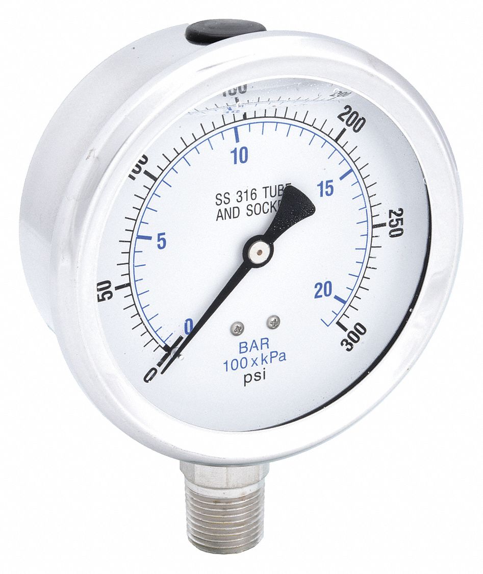 INDUSTRIAL PRESSURE GAUGE, 300 PSI TO 0 PSI/HG TO 300 PSI, 4 IN DIAL, 1/2 IN NPT MALE