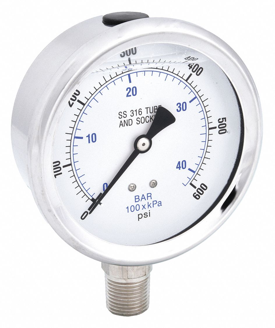 Industrial Pressure Gauge: 0 psi / Hg to 600 psi, 4 in Dial, 1/2 in NPT Male, Bottom, 300