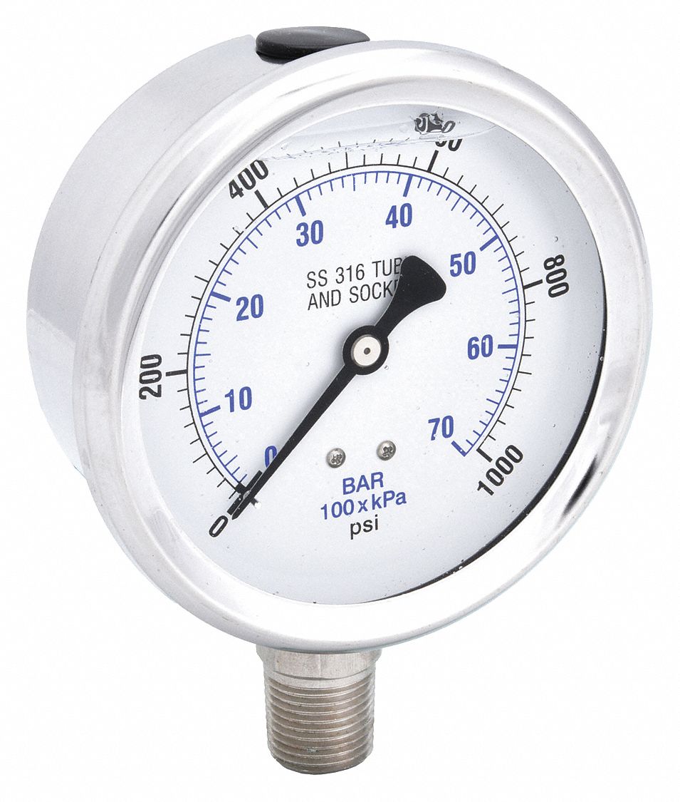 Industrial Pressure Gauge: 0 psi / Hg to 1, 000 psi, 4 in Dial, 1/2 in NPT Male, Bottom