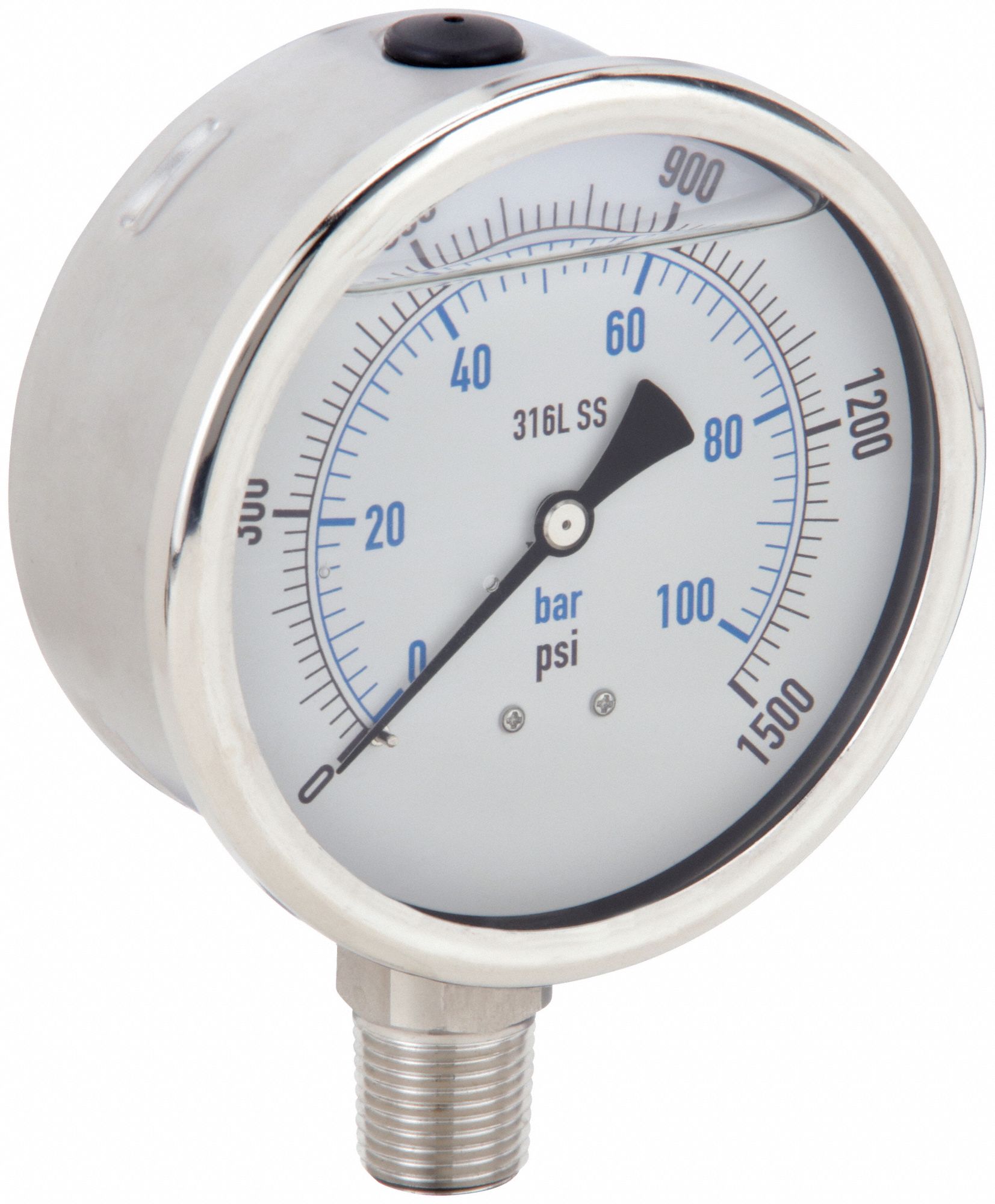 Industrial Pressure Gauge: 0 psi / Hg to 1, 500 psi, 4 in Dial, 1/2 in NPT Male, Bottom