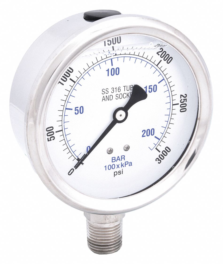 Industrial Pressure Gauge: 0 psi / Hg to 3, 000 psi, 4 in Dial, 1/2 in NPT Male, Bottom