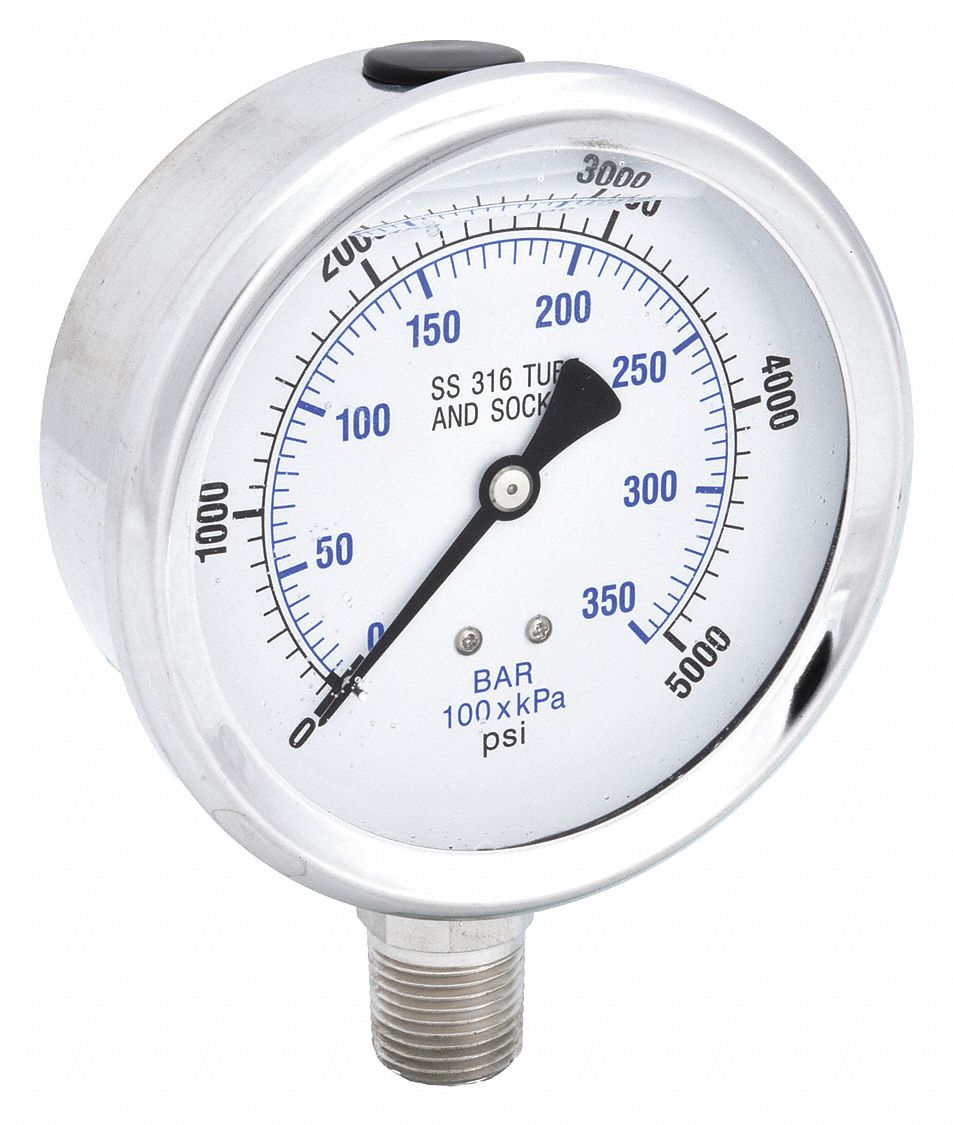 Industrial Pressure Gauge: 0 psi / Hg to 5, 000 psi, 4 in Dial, 1/2 in NPT Male, Bottom