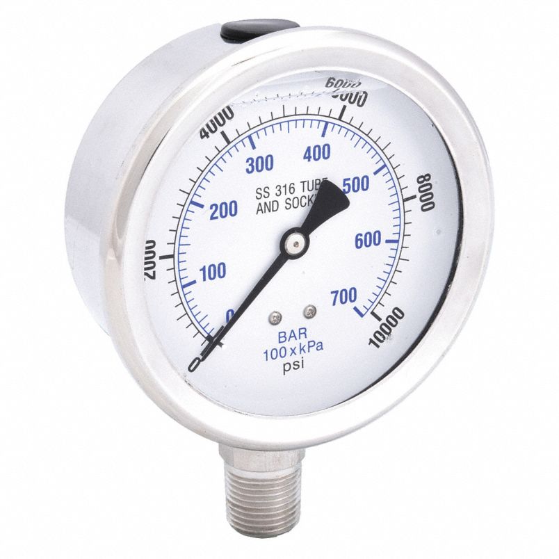 4" Pressure Gauge, Liquid Fill, 10000 PSI, All Stainless Steel, Lower Mount view 2