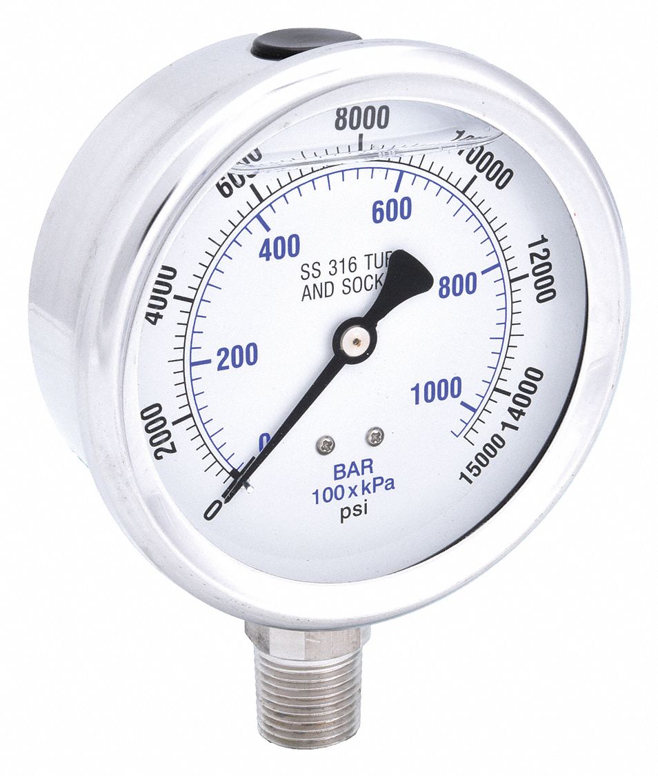 Industrial Pressure Gauge: 0 psi / Hg to 15, 000 psi, 4 in Dial, 1/2 in NPT Male, Bottom