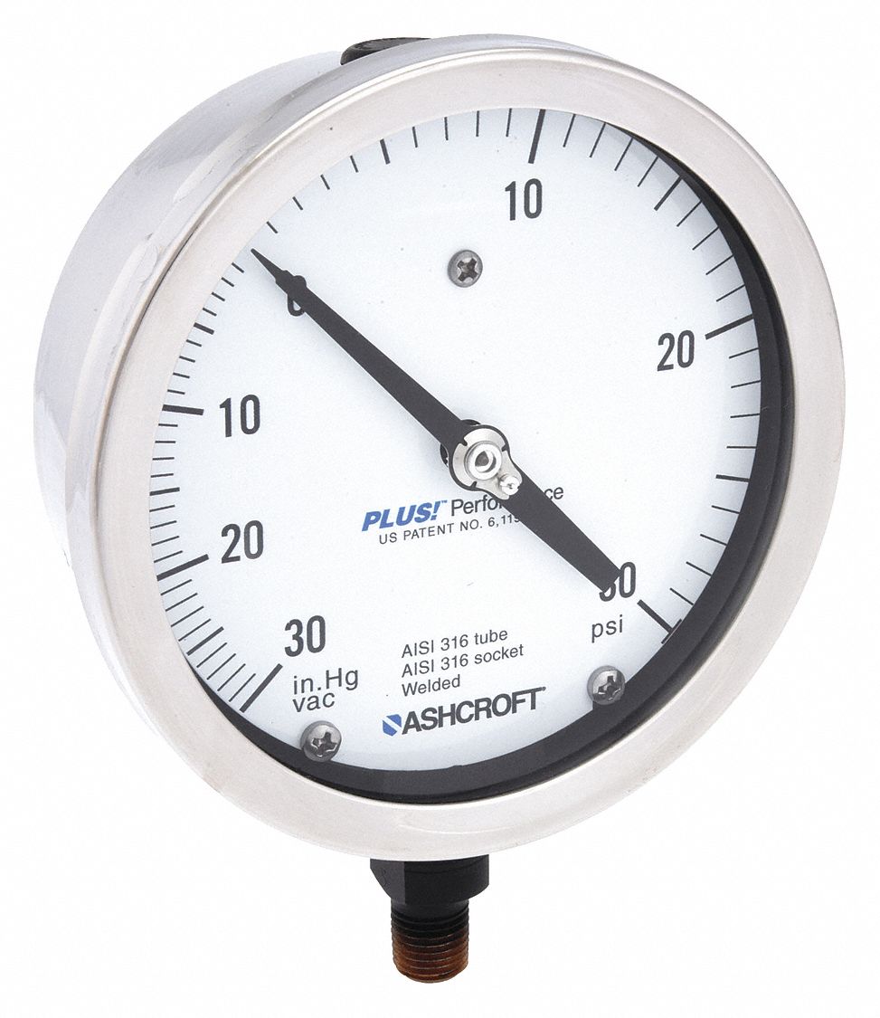 Industrial Compound Gauge: 30 in Hg to 0 psi / Hg to 30 psi, 4 1/2 in Dial, 1/4 in NPT Male