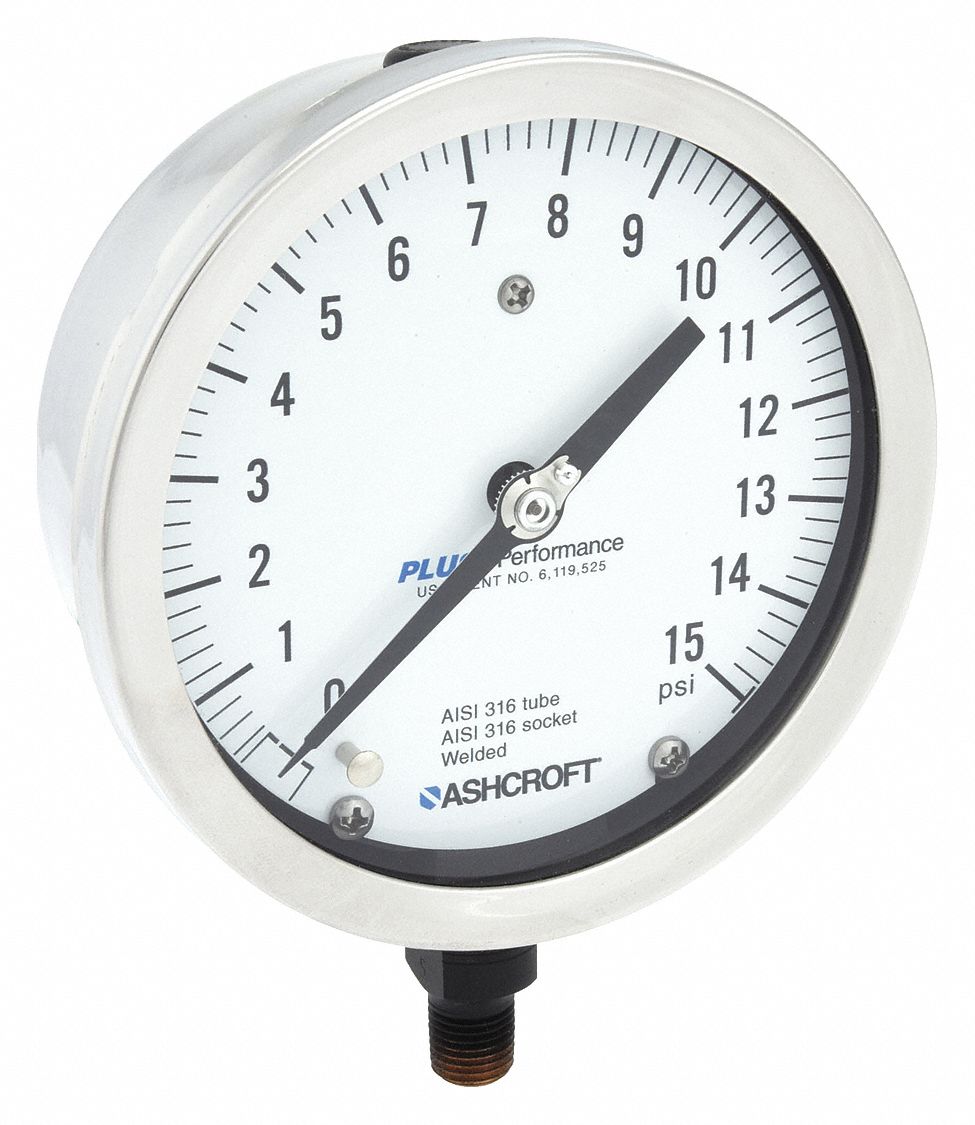 ASHCROFT, 0 to 15 psi, 4 1/2 in Dial, Industrial Pressure Gauge