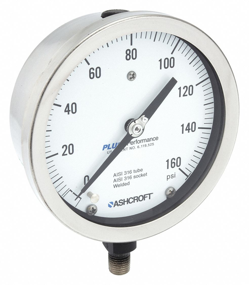 Industrial Pressure Gauge: 0 psi / Hg to 160 psi, 4 1/2 in Dial, 1/4 in NPT Male, Bottom