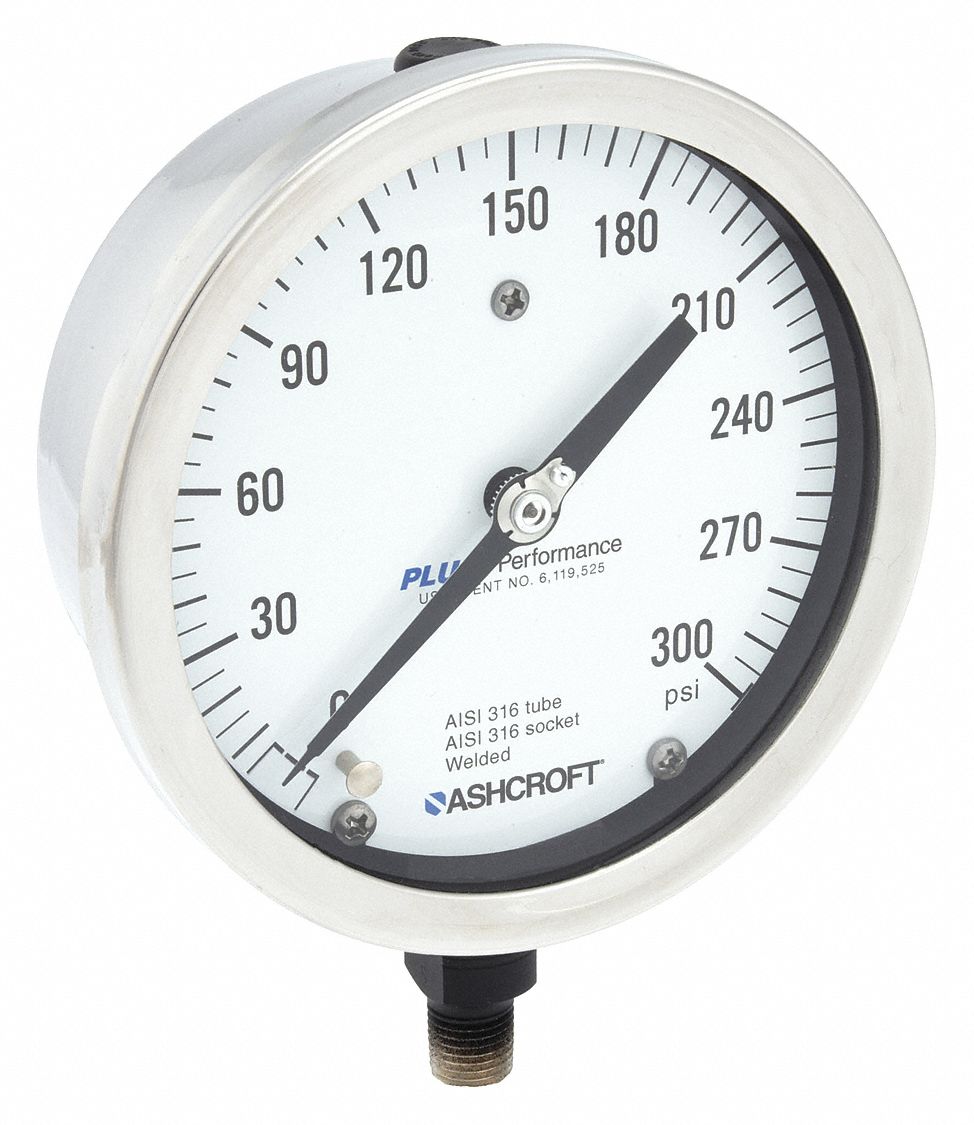 ASHCROFT Industrial Pressure Gauge: 0 to 300 psi, 4 1/2 in Dial, Dry Case  Vibration-Dampened, Bottom