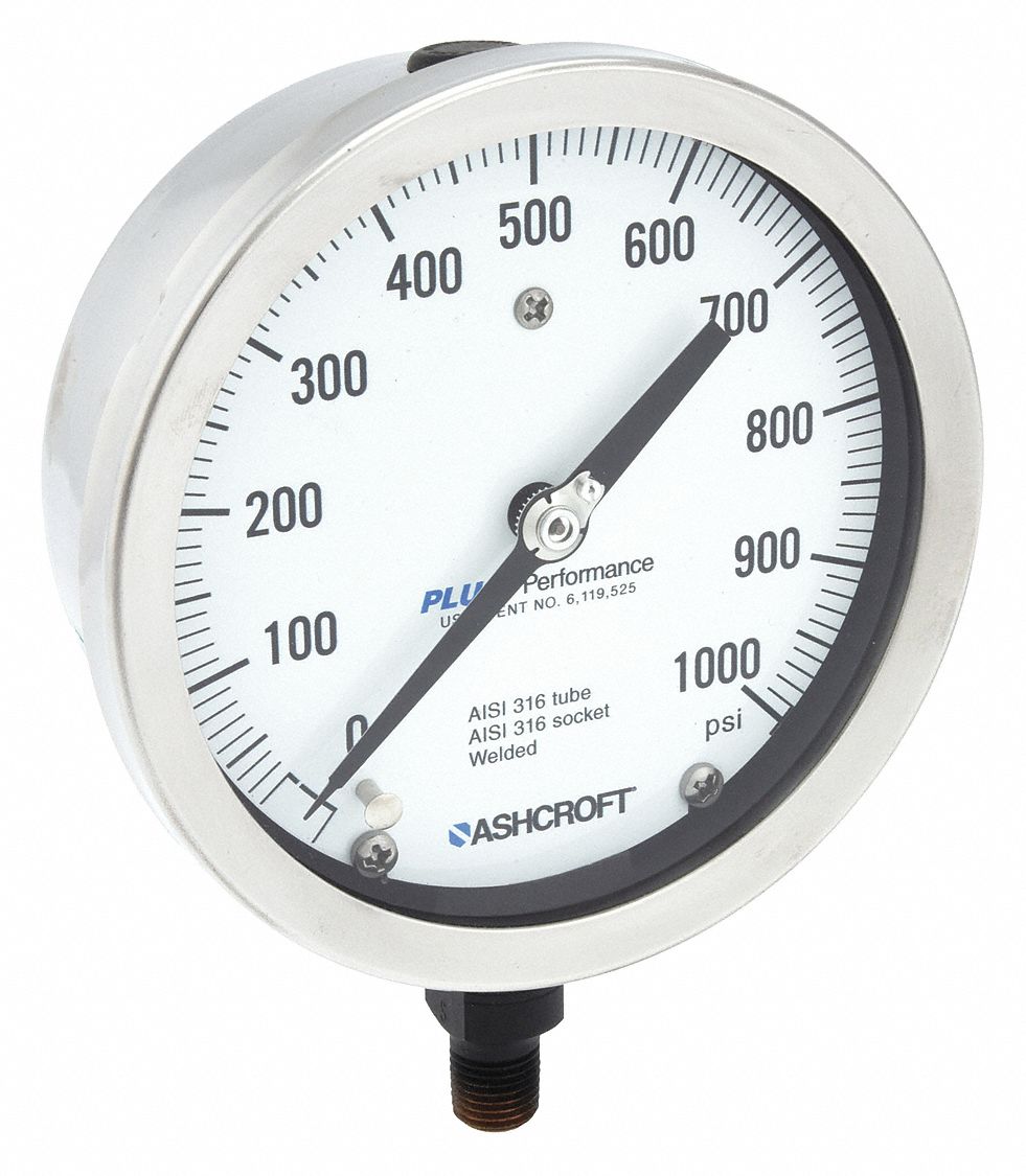 Industrial Pressure Gauge: 0 psi / Hg to 1, 000 psi, 4 1/2 in Dial, 1/4 in NPT Male, Bottom