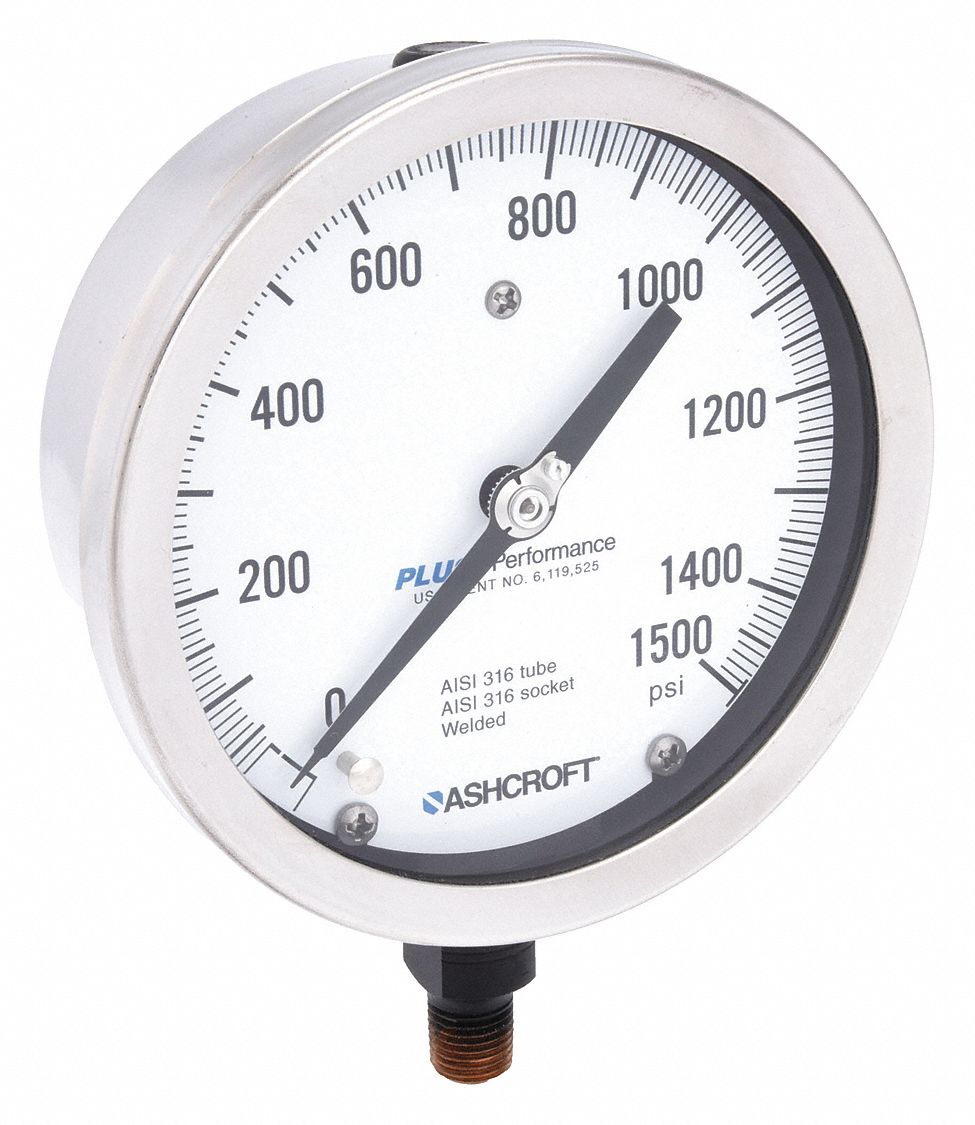 Industrial Pressure Gauge: 0 psi / Hg to 1, 500 psi, 4 1/2 in Dial, 1/4 in NPT Male, Bottom