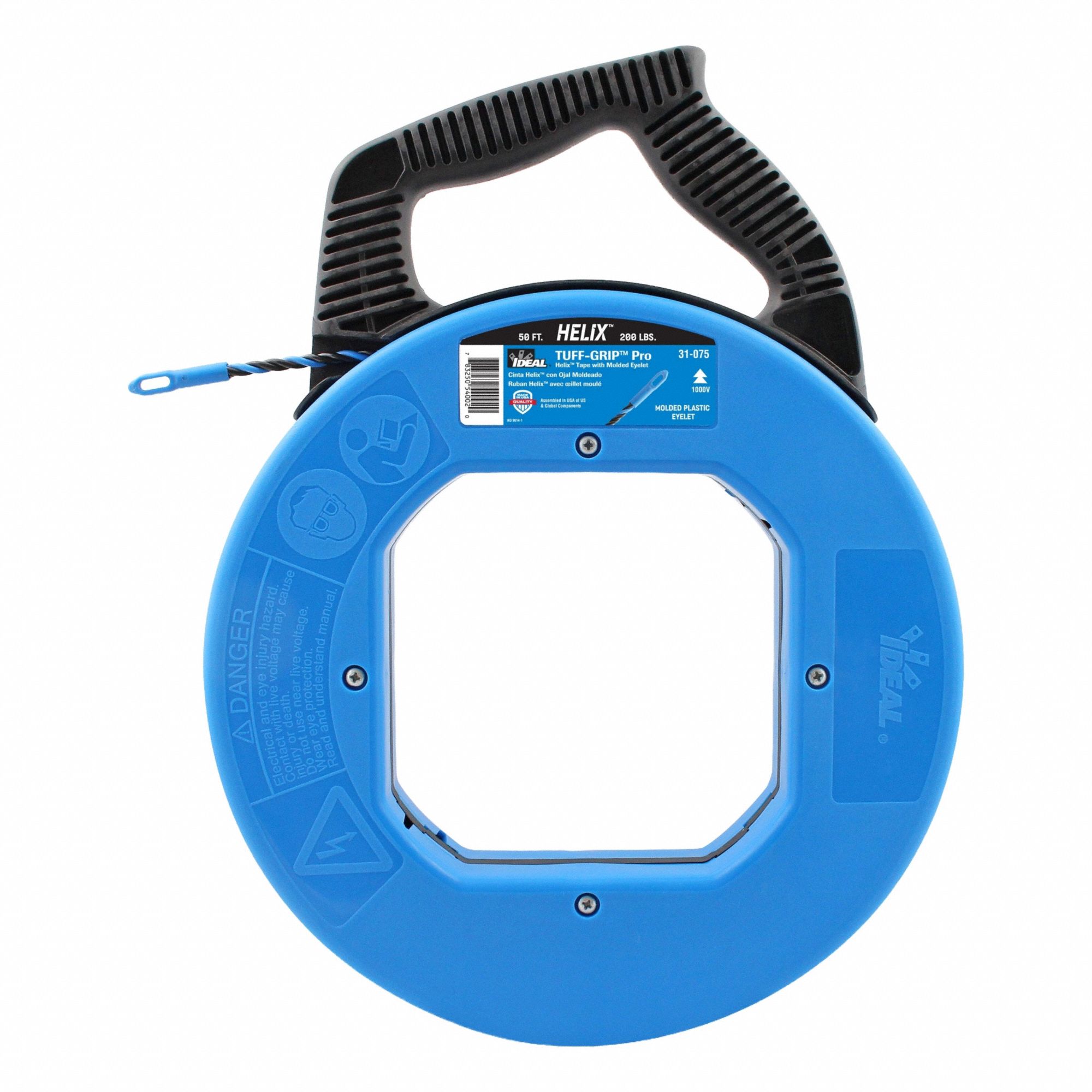IDEAL Fish Tape: 50 ft Lg, Manual Wind Tape Retraction, 200 lb/in Tensile Strength, 12 in Case Dia (MPN 31-075). Key specifications — attr306624: Spiral; attr306613: 31-075; attr306630: Handle; attr306631: Rotating; attr306623: Polymer; attr306616: IDEAL; attr542118: Manual Wind; attr544274: 12 in.