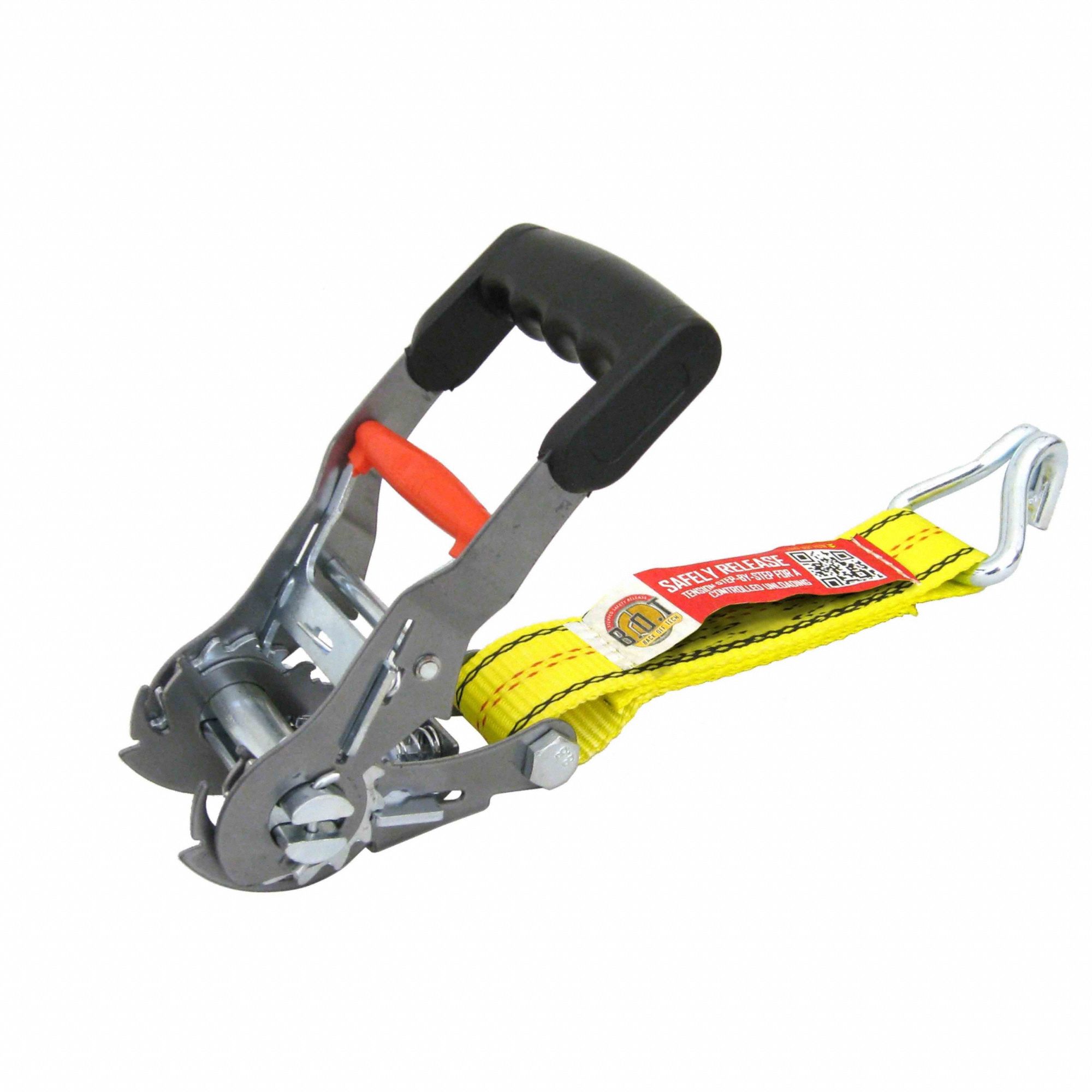 Tie Down Strap: Ratchet, Wire-Hook, Gen Purpose, 2 in Wd, 3, 333 lb WLL, Yellow, 27 ft Lg