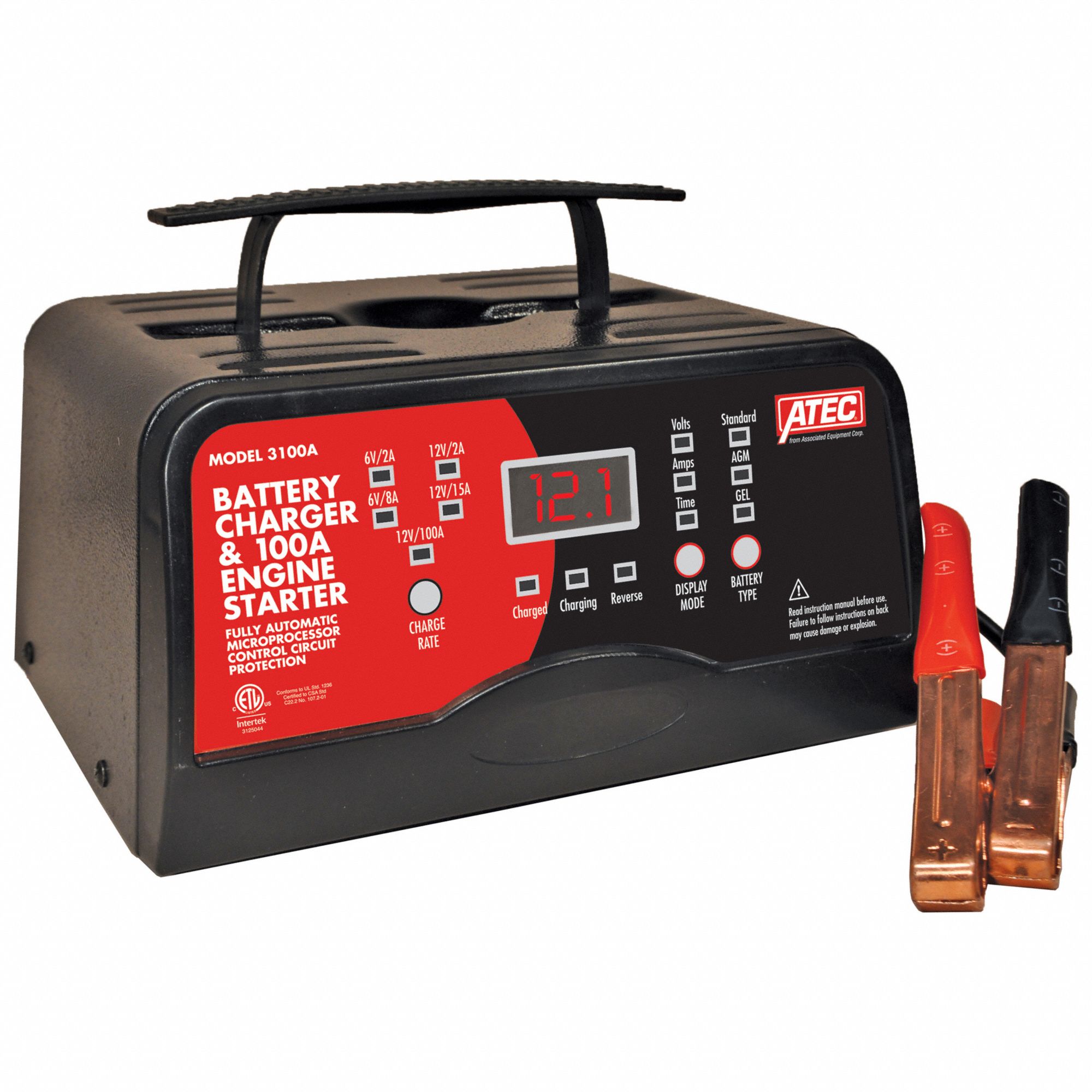 Battery Charger: Charging, Auto, For AGM/Gel/Wet Cell, Smart, 6.5 ft Cable Lg, Benchtop Charger