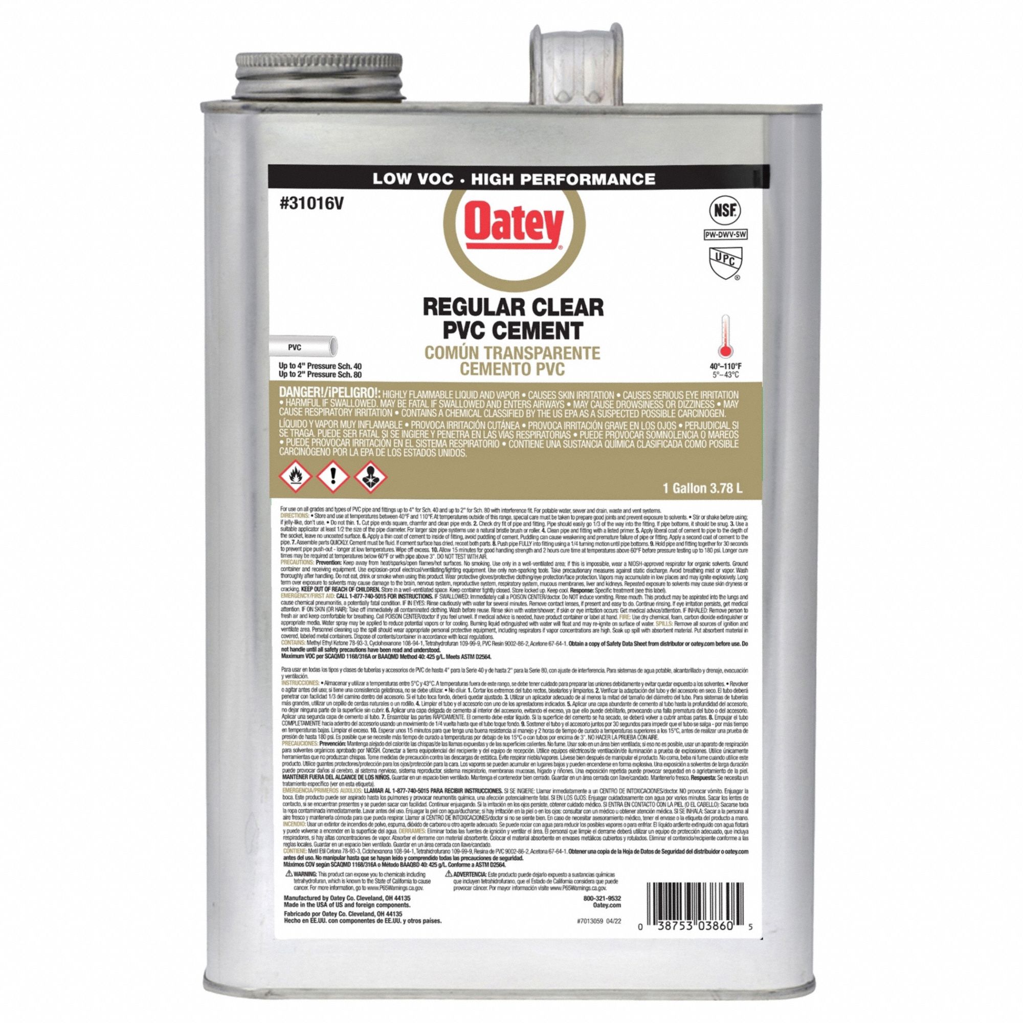 Pipe Cement: Regular, 1 gal, Can, Clear