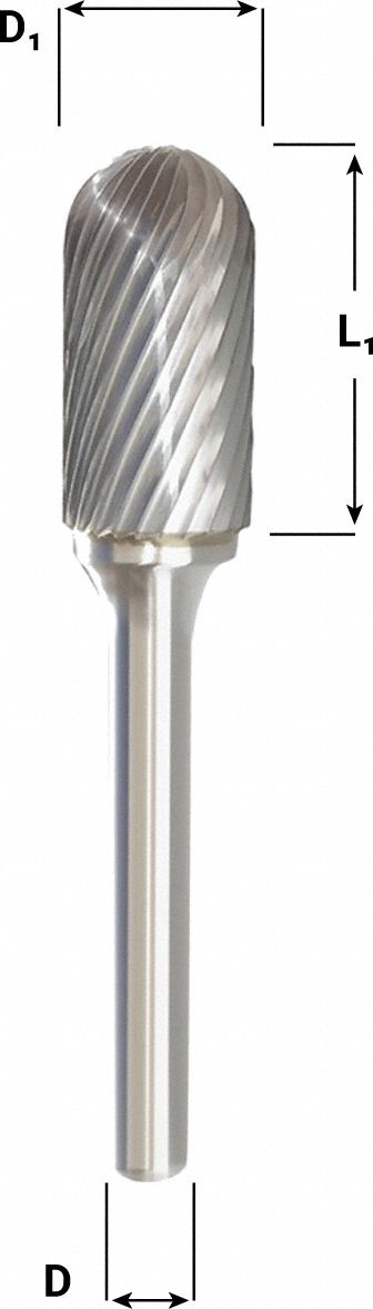 Carbide Bur: Ball-Nosed Cylinder, SC-42L3, Double Cut, 1/8" x 9/16" Head, 1/8" Shank