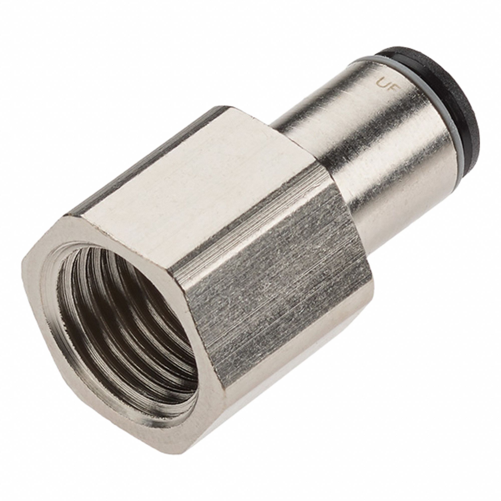Push-Fit Fitting: 10 mm OD Size, Push-to-Connect x FBSPP, Brass, 36 mm Overall Lg, Silver