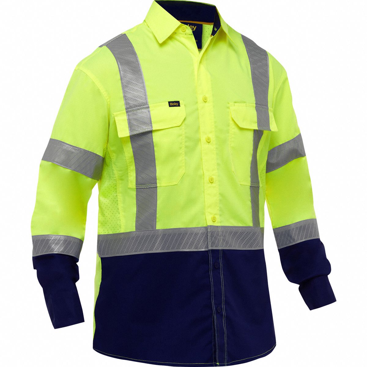 High-Visibility Shirt: ANSI Class 3, 2XL, Yellow, U, Long, Work Shirt Shirt, 2 Pockets