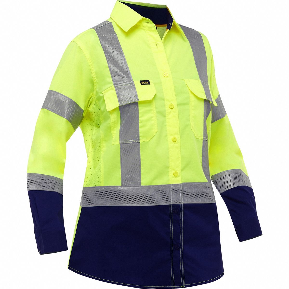 High-Visibility Shirt: ANSI Class 3, 2XL, Yellow, U, Long, T-Shirt Shirt, 3 Pockets, Buttons