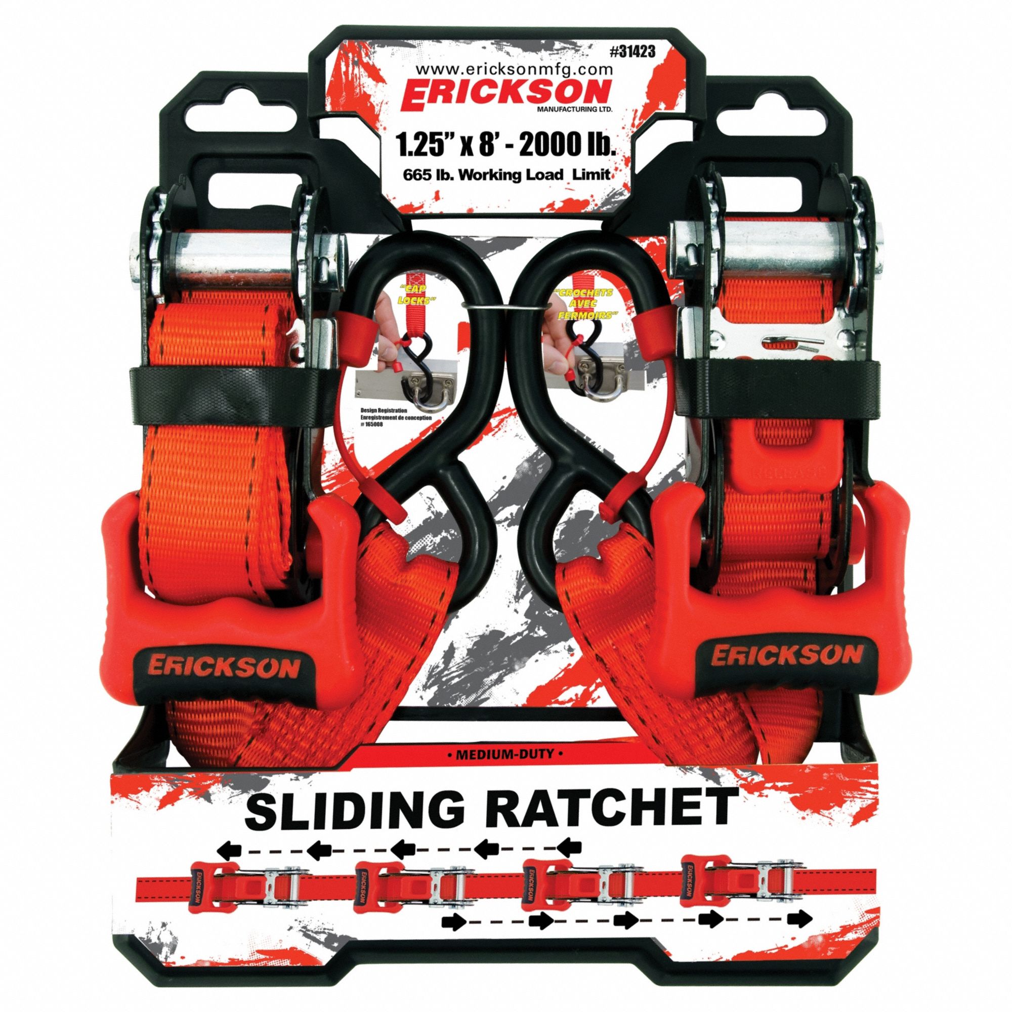 Tie Down Strap: Ratchet, S-Hook, Gen Purpose, 1 1/4 in Wd, 665 lb WLL, Red, 8 ft Lg, Padded Handle
