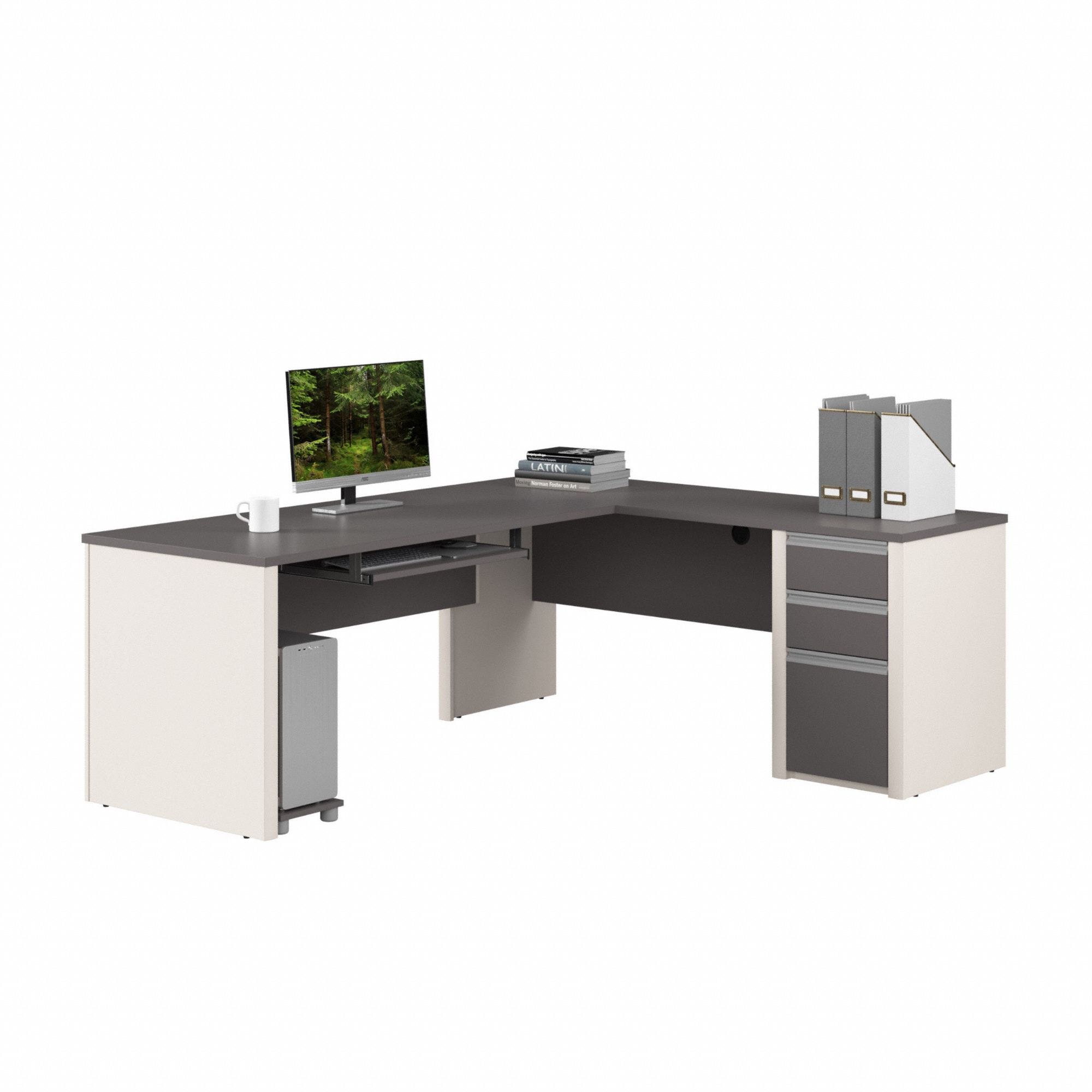 L-Shaped Office Desk: Sandstone/Slate, 71 1/8 in Overall Wd, 82 7/8 in Overall Dp